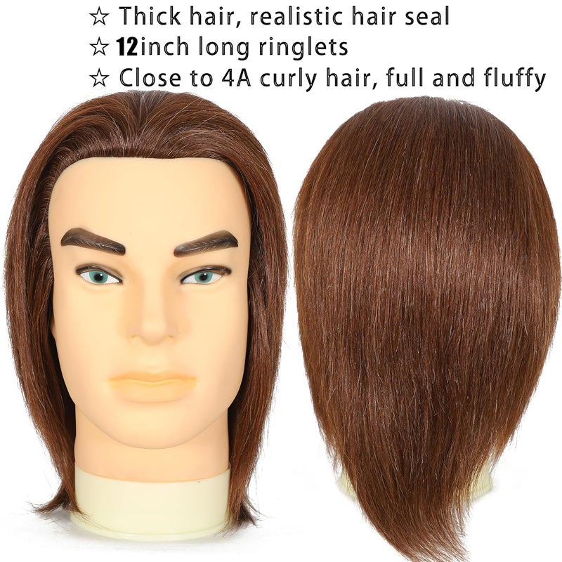 simnient Male mannequin Head 12"Barber Training Head with 100% Real Human Hair,Hairdresser training Doll manikin Head for Practicing Haircut Hair Styling With Clamp Stand - Image 3